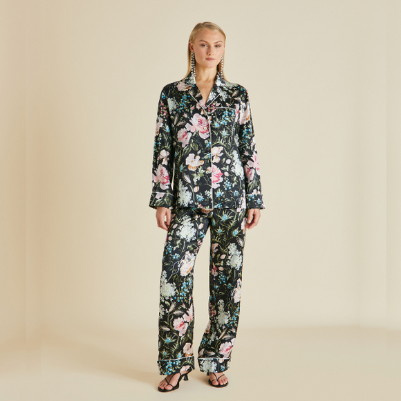 Lila Esme Black Floral Silk Satin Pajamas